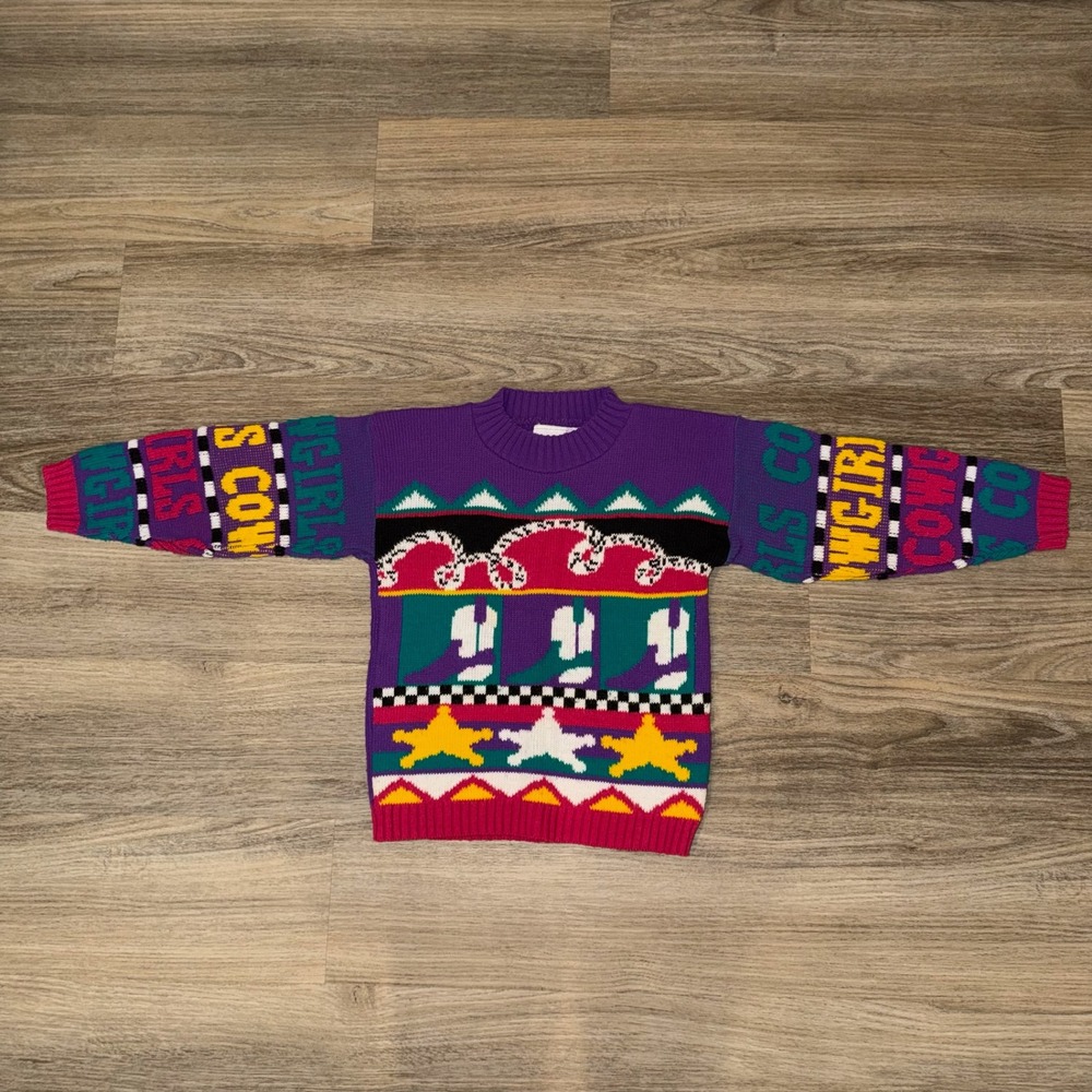 VTG 80s‎ Cowgirl Sweater Kids 6 7 Multicolor Made USA Western Retro